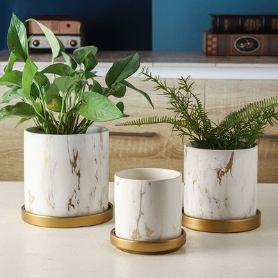 HomeQuill™ Golden White Marble Ceramic Flowerpot